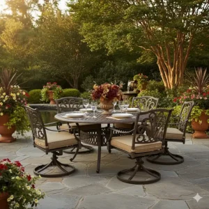 Attractive antique bronze finish on a powder-coated cast aluminum patio dining set.