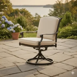Comfortable sling or cushion-back cast aluminum dining chairs that complement the patio furniture.
