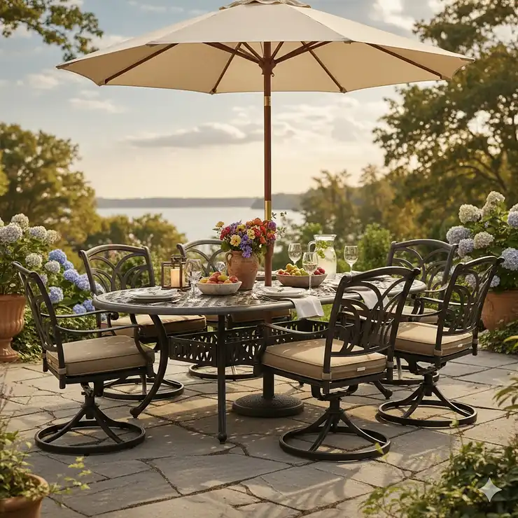 Stunning 7-piece cast aluminum patio furniture dining set with umbrella hole and elegant scrollwork. cast aluminum patio furniture dining sets