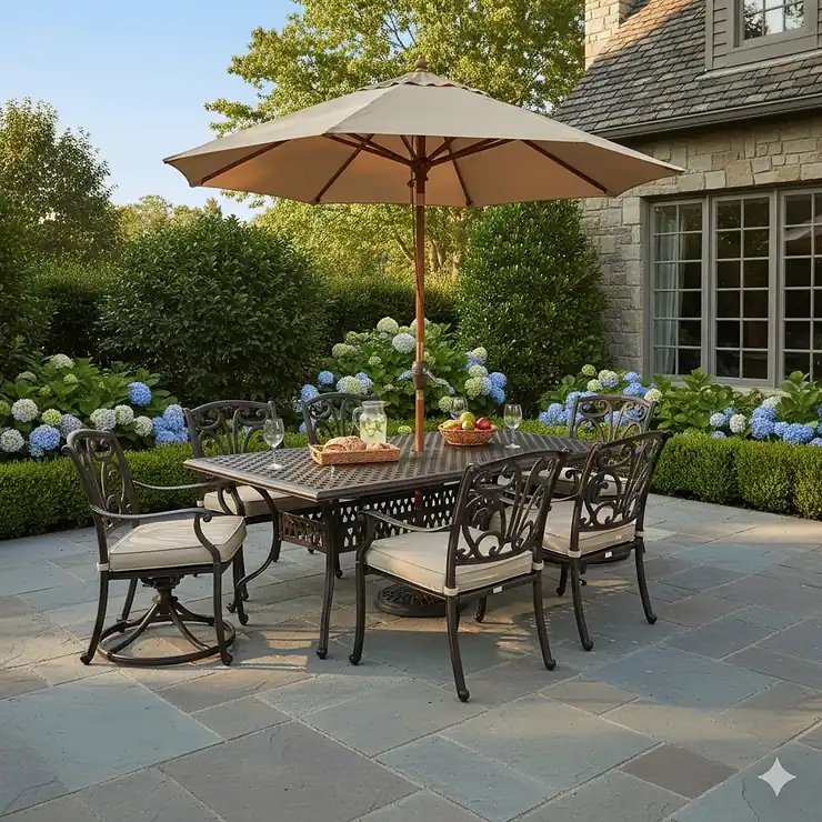 Elegant cast aluminum patio furniture set with six chairs around a large dining table on a paved outdoor deck.