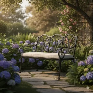 A classic three-seater outdoor wrought iron bench with decorative curved armrests in a serene garden.