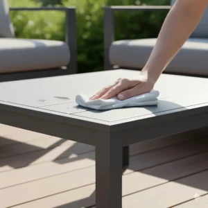 Simple image of a person wiping down the easy-to-clean powder coated aluminum table top with a damp cloth.