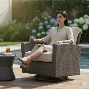 Close-up of a person enjoying the smooth rocking motion of the swivel rocker chair.