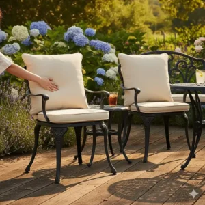 Deep-seated wrought iron patio furniture chairs fitted with thick, comfortable all-weather cushions.