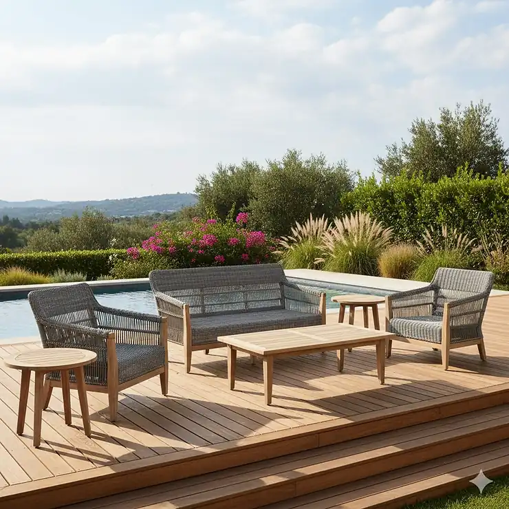 A beautiful cushionless outdoor furniture set made of woven wicker and teak wood on a patio deck.