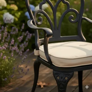 Close-up of the wrought iron chair armrest showing detailed decorative scrollwork and sturdy construction.