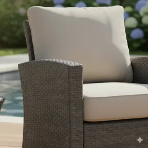 Plush, deep-seated cushions for a comfortable outdoor rocker chair.
