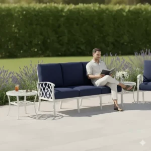 Deep-seating cast aluminum patio sofa with thick, comfortable, weather-resistant cushions.