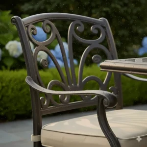 Close-up of durable cast aluminum patio furniture showing the intricate, rust-proof metal finish.