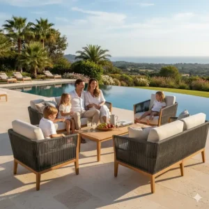 A family enjoying a sunny afternoon on their comfortable rope outdoor furniture patio set.