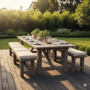 A long, farmhouse-style rustic outdoor dining table with benches, perfect for entertaining large groups on a backyard deck.