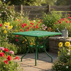 Vibrant green painted square metal garden table, ready for outdoor use and bringing a pop of color to the landscape.
