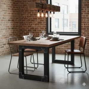Close-up of a large industrial style black metal dining table with thick, straight legs and a distressed wood top.