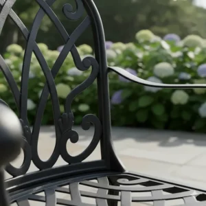 Close-up detail of the intricate scrollwork and durable wrought iron construction on an outdoor chair.