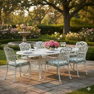 A complete vintage cast aluminum dining set for six people on a stone patio, styled for outdoor entertaining and dinner parties.