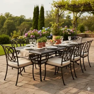 A large rectangular outdoor wrought iron dining table with a mesh top and hole for an umbrella, ready for entertaining.