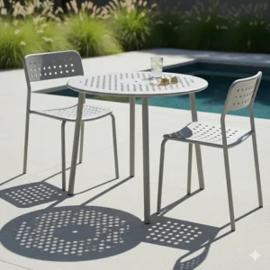 Modern, lightweight aluminum outdoor table with a perforated top, designed for easy movement and rust resistance.