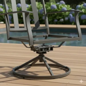 Durable, powder-coated metal frame of an outdoor furniture swivel rocker chair.