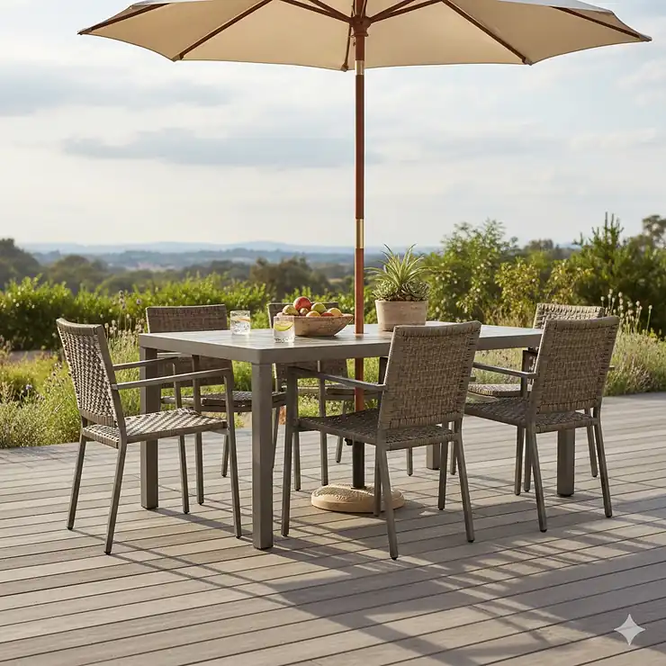 Stylish metal table furniture set on an outdoor patio deck, featuring four chairs and a durable, weather-resistant finish.