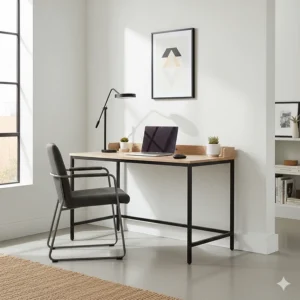 Minimalist metal desk table furniture being used in a home office setup, highlighting its clean lines and practical design.
