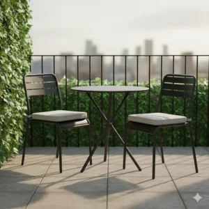 Modern aluminum bistro set with a charcoal powder coating on a small balcony, ideal for compact outdoor living.