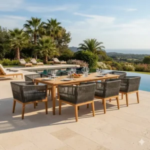 A modern rope outdoor furniture dining set with six chairs around a teak table, perfect for al fresco meals.