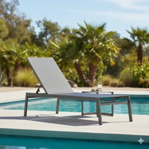 A comfortable, low-maintenance cushionless outdoor furniture sling chaise lounge by the pool.