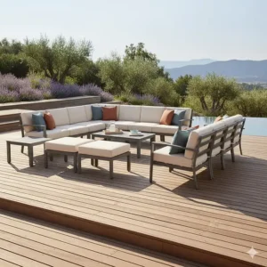 Large, modular aluminum powder coated sectional set arranged on a deck, illustrating flexible outdoor seating arrangements.