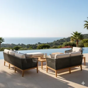 A large, customizable modular rope outdoor sectional sofa arranged for a spacious deck.