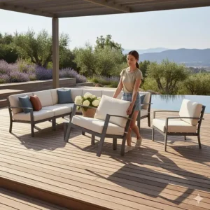 Image of a person easily lifting or moving a lightweight aluminum dining chair, illustrating the furniture's portability.