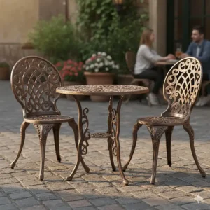 Ornate cast aluminum bistro set with antique bronze finish, illustrating the variety of available styles.