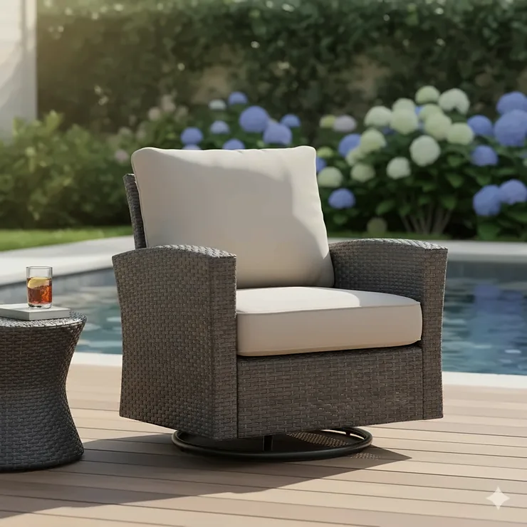 Outdoor furniture swivel rocker chair on a sunny patio deck.