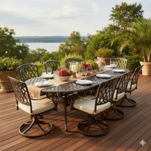 Large oval cast aluminum dining table that comfortably seats eight guests on a deck.