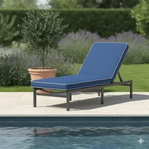 Full-length blue replacement cushion for an outdoor patio chaise lounge chair.