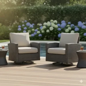 A set of two outdoor swivel rocker chairs with matching side tables.