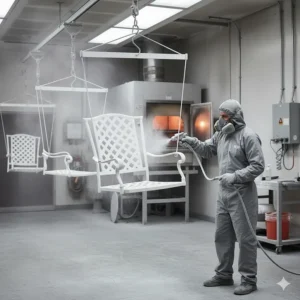 A piece of cast aluminum furniture undergoing the durable powder-coating process to protect the metal from the elements.