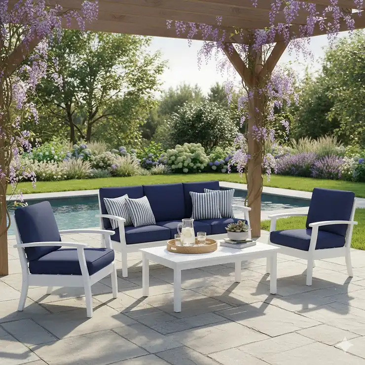 A complete white PVC patio furniture set, including a three-seat sofa and matching armchairs, arranged on a modern deck.