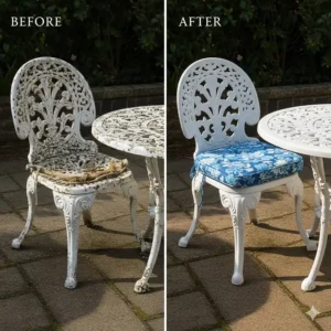 Before and after comparison showing the successful restoration of worn cast aluminum patio furniture with new paint and upholstery.