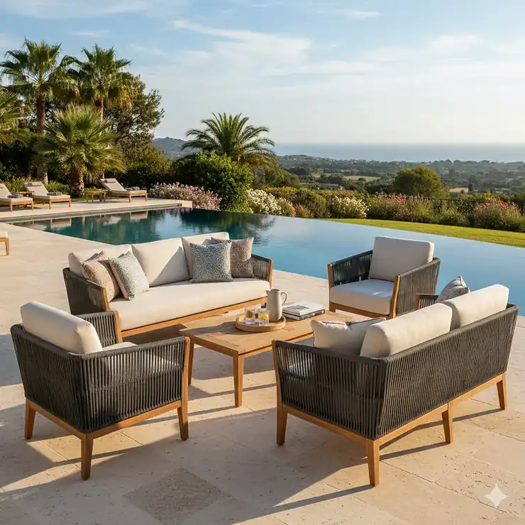 A luxurious rope outdoor furniture set featuring a sofa and two armchairs on a patio, ready for comfortable outdoor living.