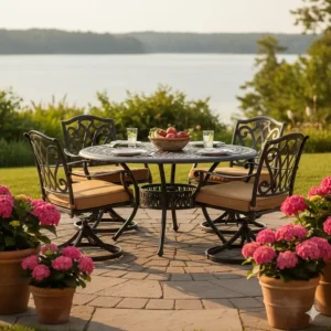 Round cast aluminum dining set for four, perfect for cozy outdoor meals.