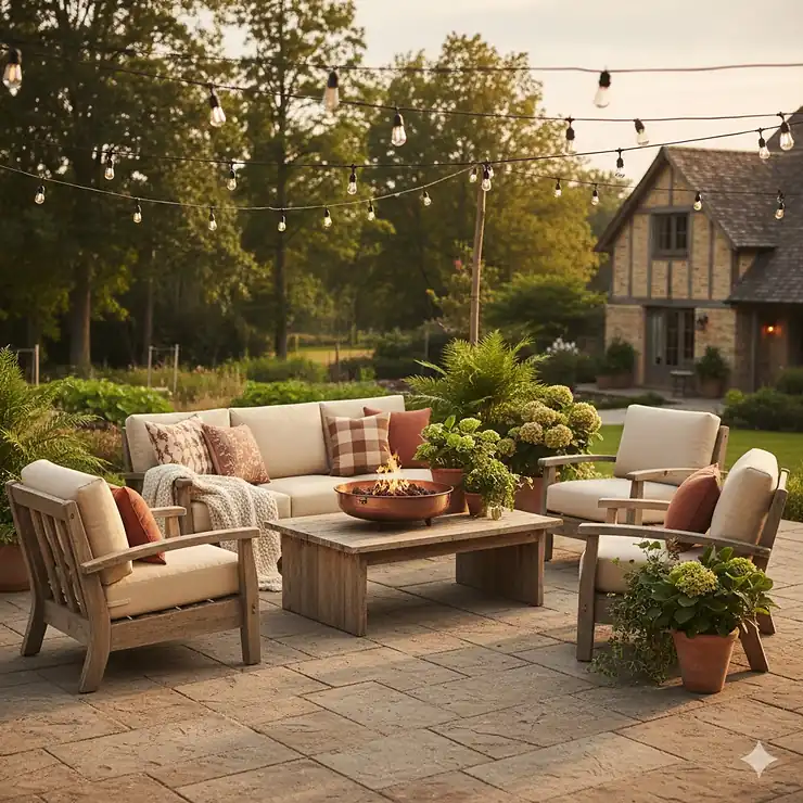 A full view of a rustic outdoor patio furniture set featuring a weathered wood sofa, two armchairs, and a matching coffee table, all arranged on a stone patio with decorative throw pillows and potted plants.