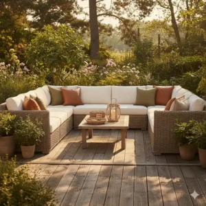A large, deep-seated sectional sofa, part of a rustic outdoor patio furniture collection, showcasing thick cushions and natural woven material accents.