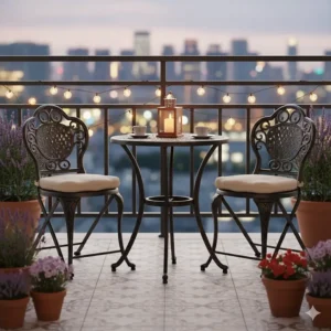 Space-saving small cast aluminum bistro set ideal for balconies and compact patio spaces.