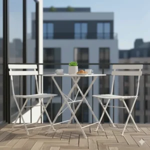 Compact, small folding metal bistro table with a white powder-coated finish, perfect for a balcony or small apartment.