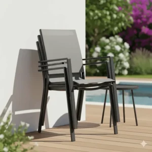 Stackable metal cushionless outdoor furniture chairs being stored to save space on a small deck.