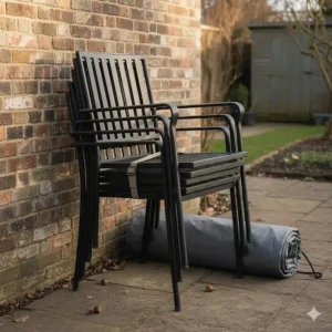 A set of stackable wrought iron outdoor chairs neatly stored against a wall for winter.