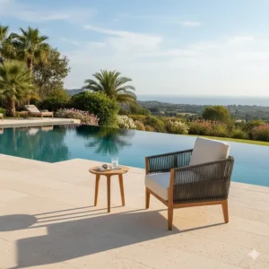 A single, stylish rope patio lounge chair with a thick cushion, designed for comfortable relaxation in the garden.
