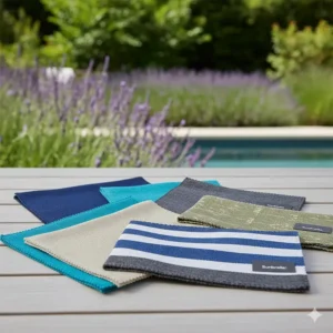 Sunbrella performance fabric swatches, ideal materials for durable outdoor furniture replacement cushions.