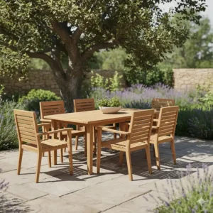 Durable, natural finish cushionless outdoor furniture teak wood dining set.