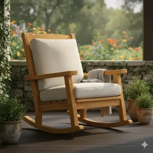 A comfortable, oversized rustic outdoor rocking chair crafted from durable teak wood placed on a covered front porch.